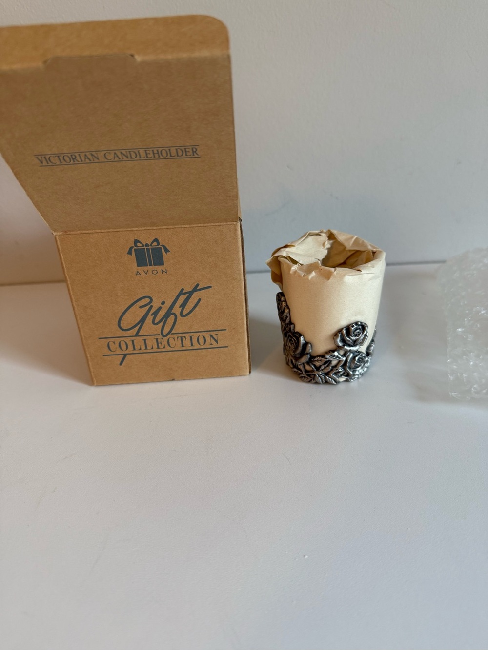 2001 Avon Victorian Candle Holder Pewter Rose Votive Tealight with Original Box